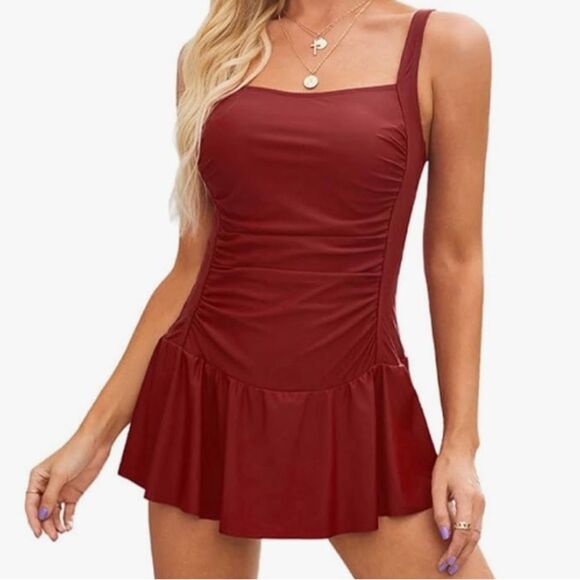 NWOT Womens Vintage Ruched Padded Tummy Control One Piece Swimsuits Swimdress XL - Picture 1 of 11